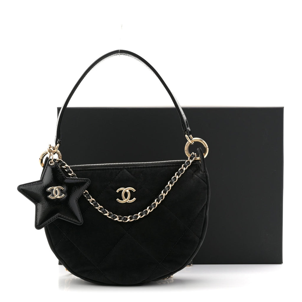 Chanel Velvet Effect Nylon Shiny Crumpled Calfskin Coco Neige Quilted Clutch With Chain Black