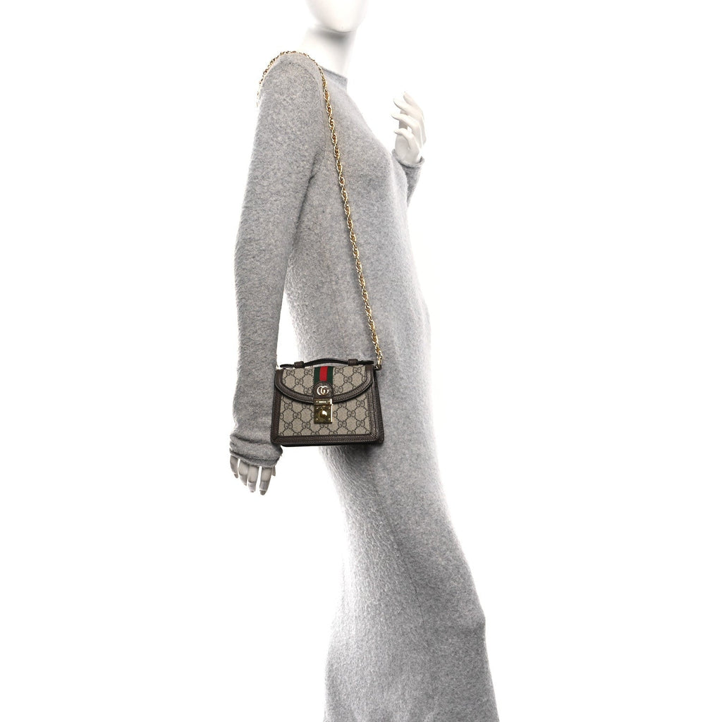 Gucci GG Supreme Monogram Textured Dollar Calfskin Web Mini Ophidia Padlock Top Handle Chain Shoulder Bag Beige Ebony New Acero