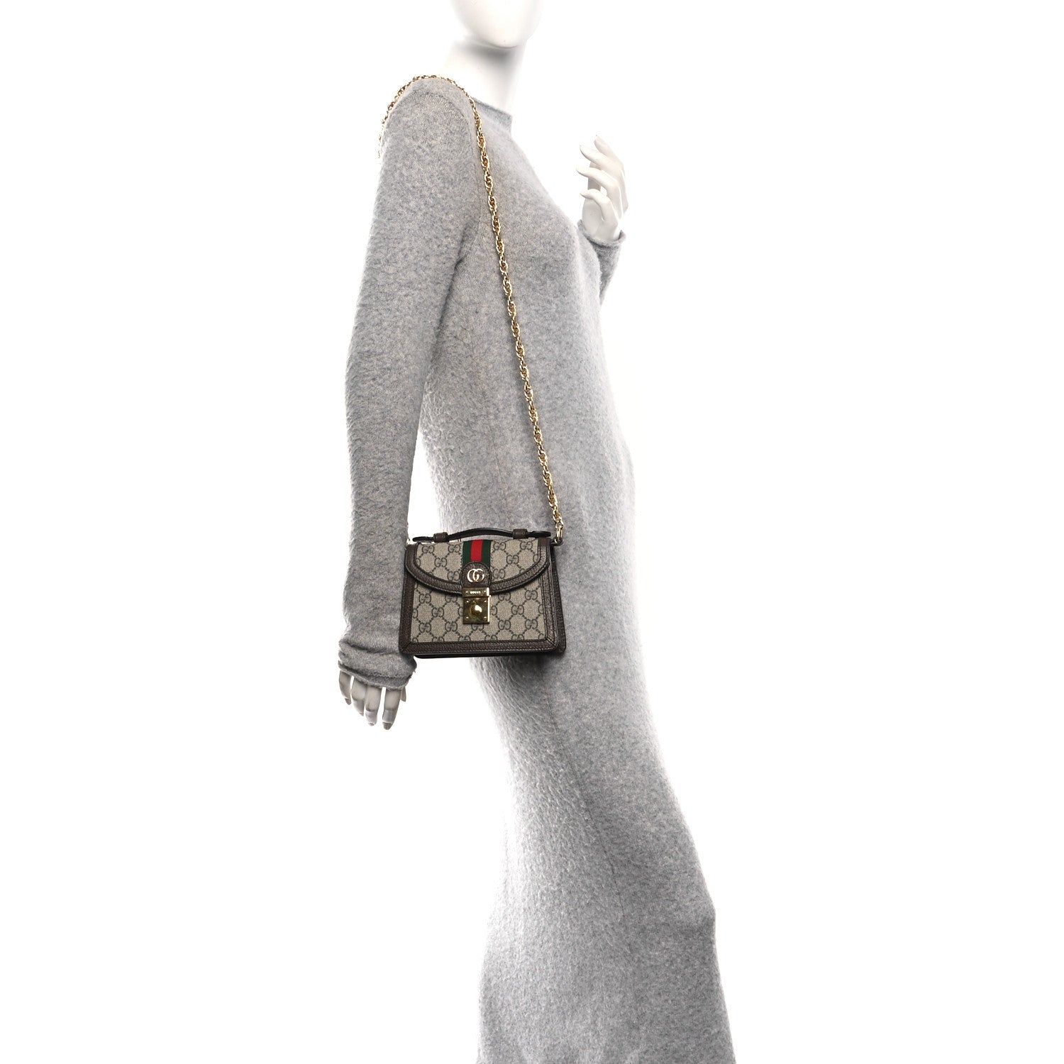 Gucci GG Supreme Monogram Textured Dollar Calfskin Web Mini Ophidia Padlock Top Handle Chain Shoulder Bag Beige Ebony New Acero
