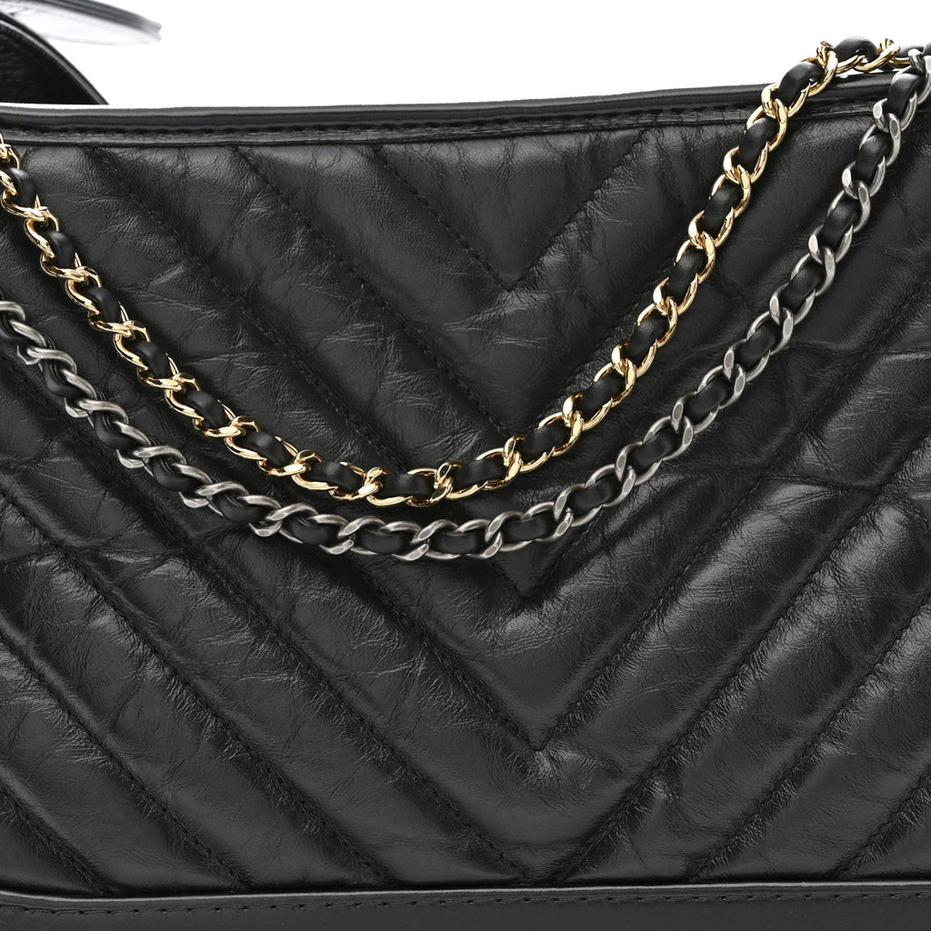 Chanel Aged Calfskin Chevron Quilted Medium Gabrielle Hobo Black
