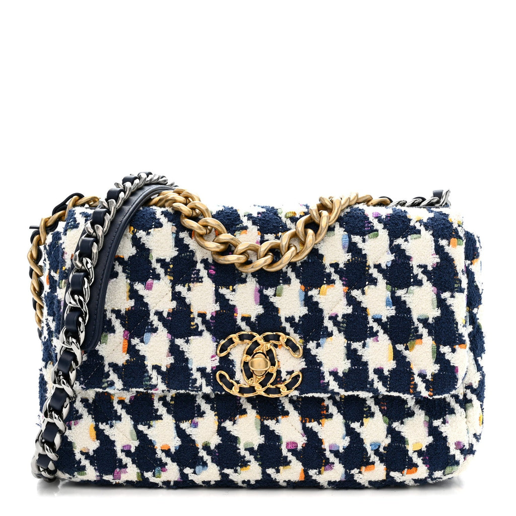 Chanel Tweed Quilted Medium Chanel 19 Flap Ecru Navy Blue Multicolor