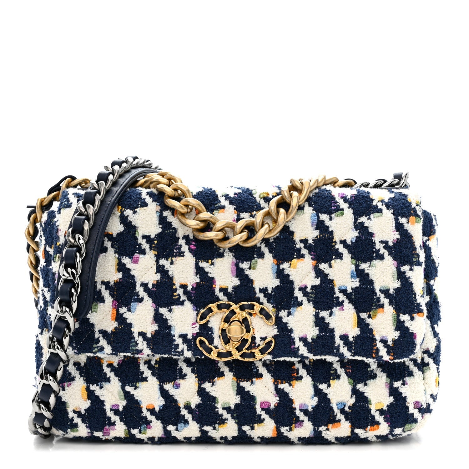 Chanel Tweed Quilted Medium Chanel 19 Flap Ecru Navy Blue Multicolor