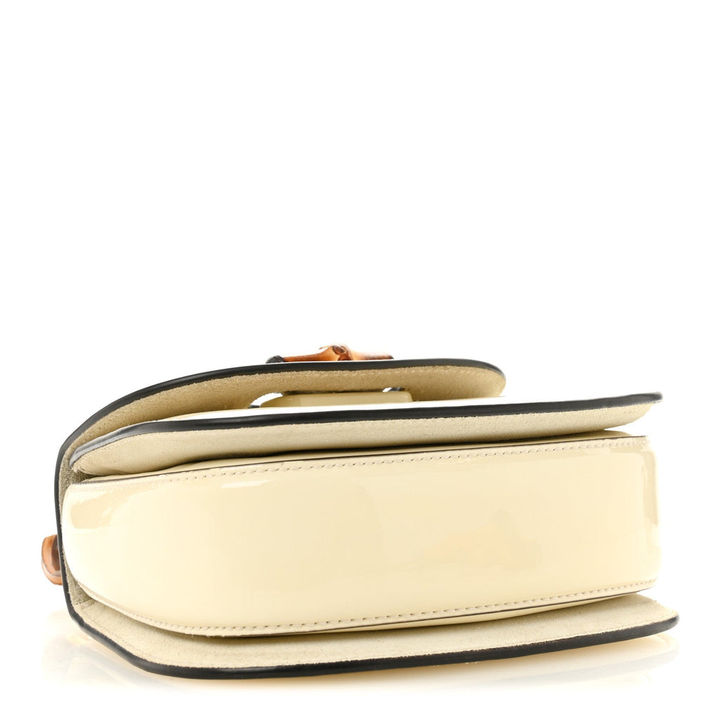 Gucci Patent Crystal Mini Bamboo 1947 Top Handle Chain Bag White