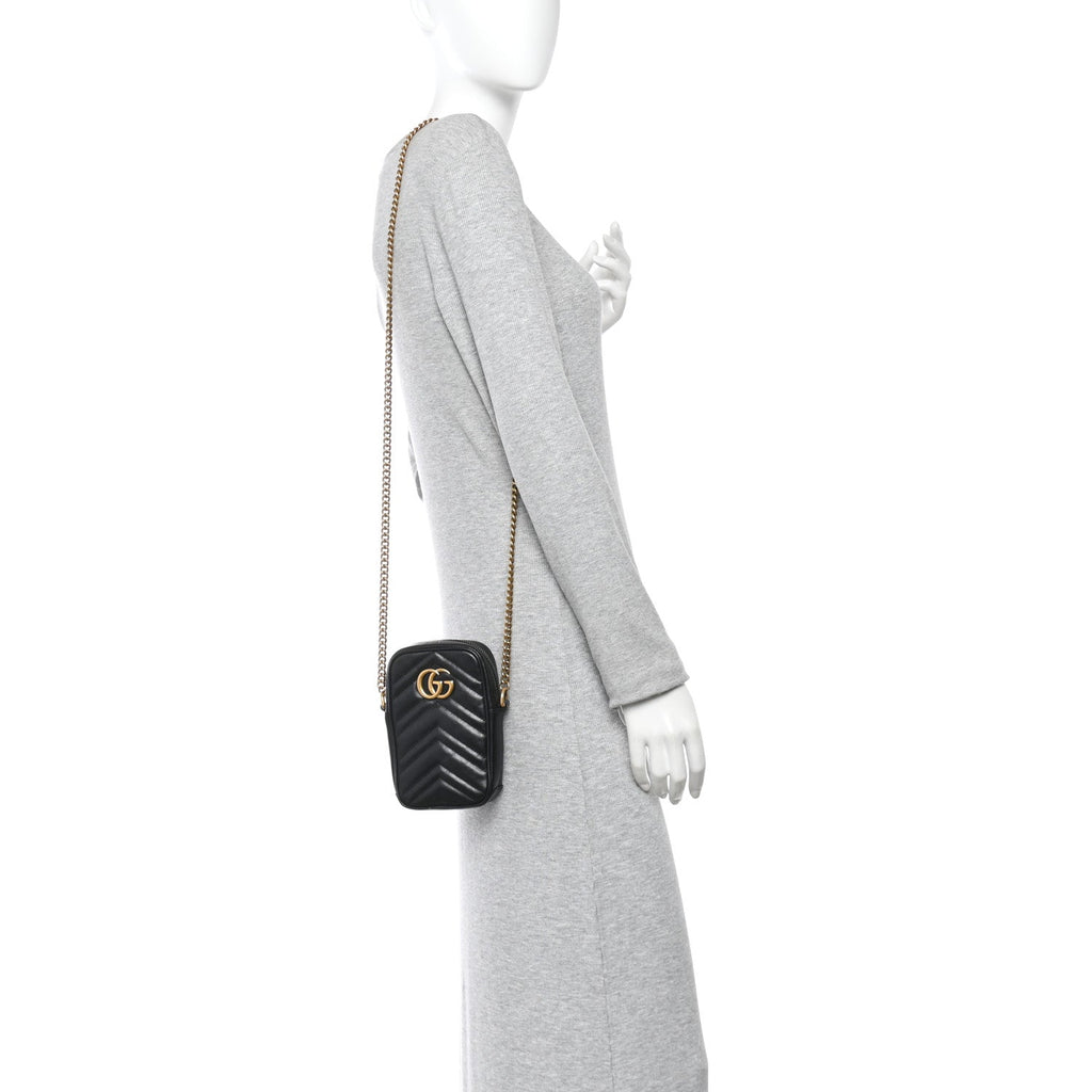 Gucci Calfskin Matelasse Mini GG Marmont Crossbody Bag Black