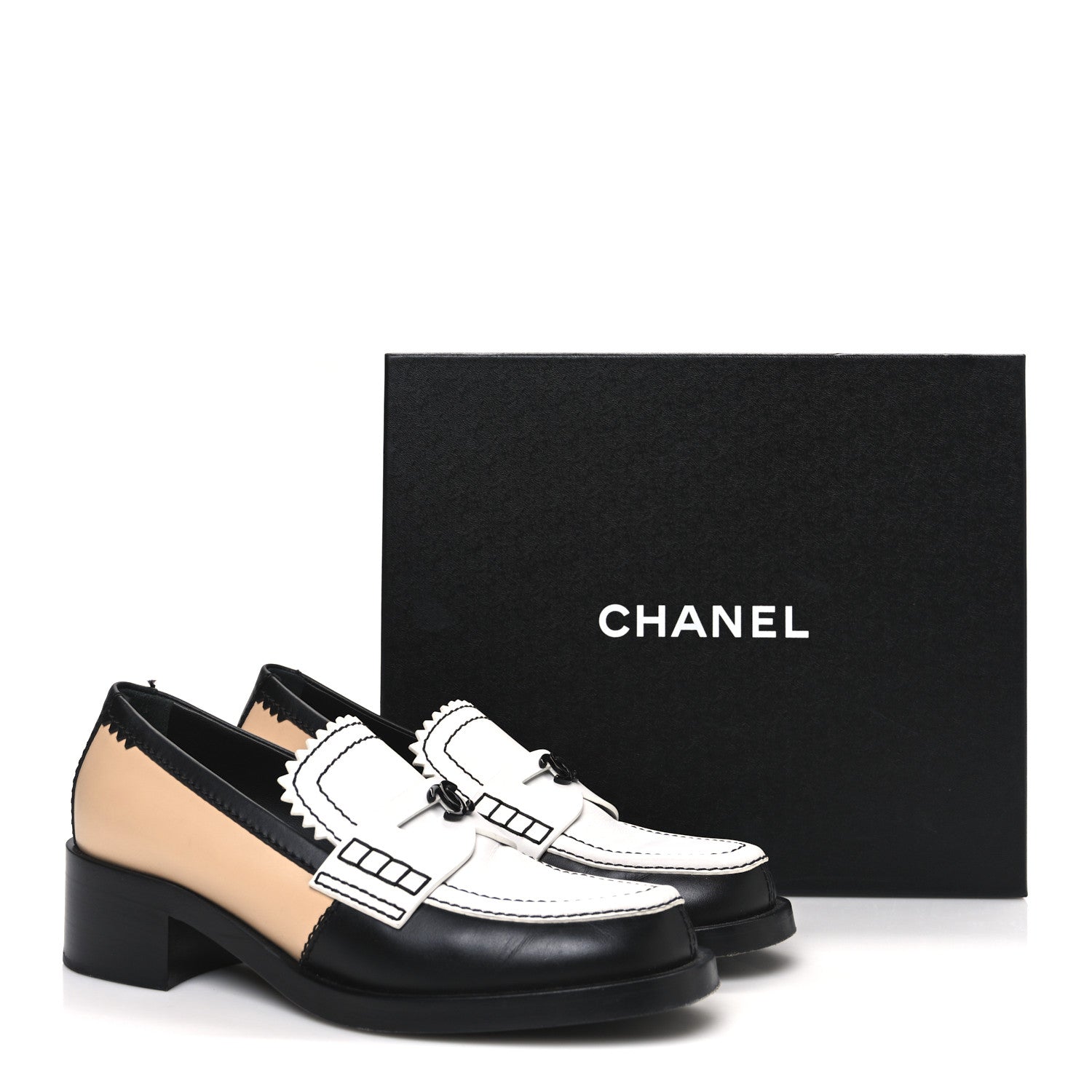 Calfskin CC Loafers 40 Black White Beige