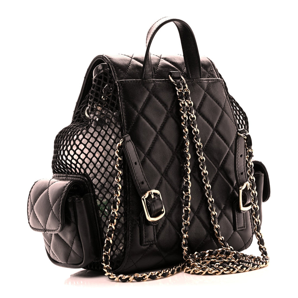 Chanel Shiny Lambskin Mesh Quilted Small Cargo Duma Drawstring Backpack Black