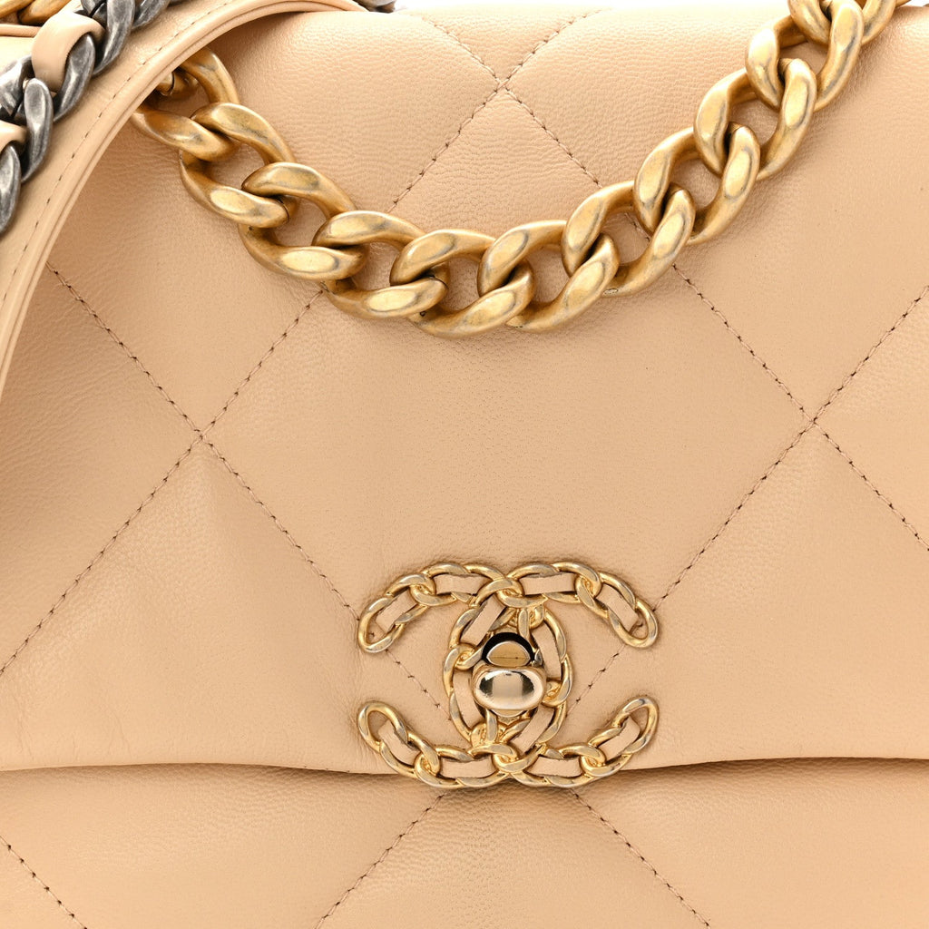 Chanel Shiny Goatskin Quilted Medium Chanel 19 Flap Beige