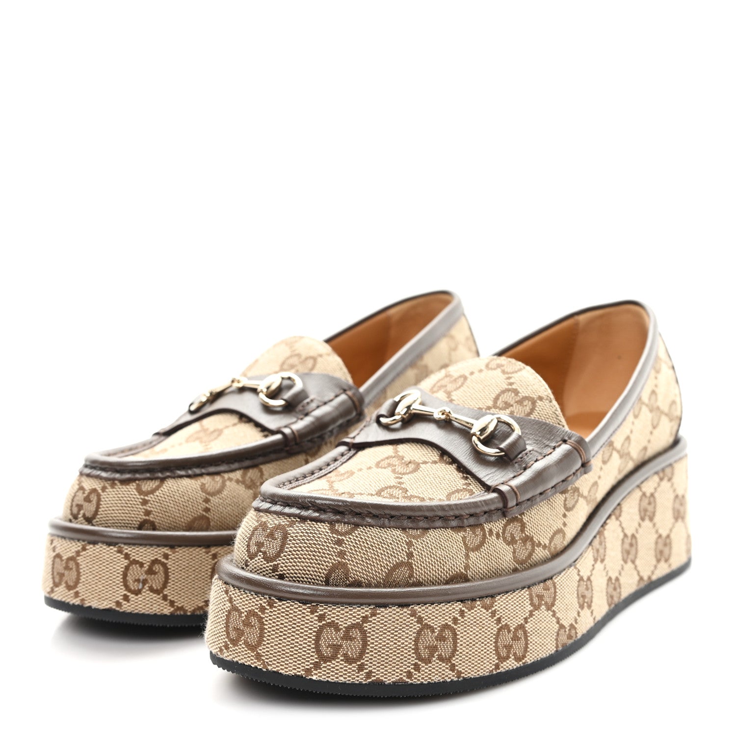 Gucci Monogram Horsebit Calfskin Womens Horsebit Wedge Platform Loafers 35.5 Beige Ebony