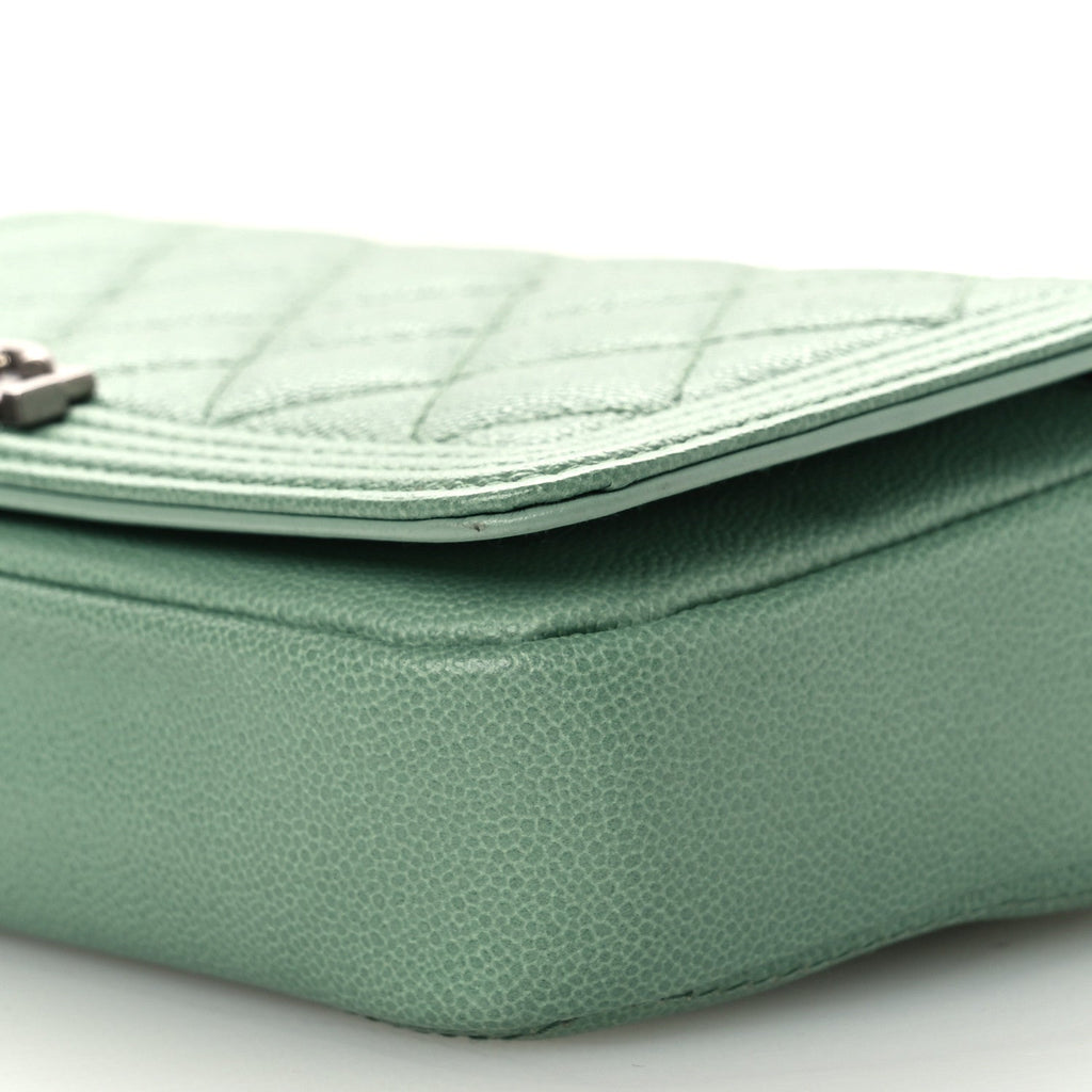 Chanel Caviar Quilted Boy Phone Holder Wallet On Chain Green