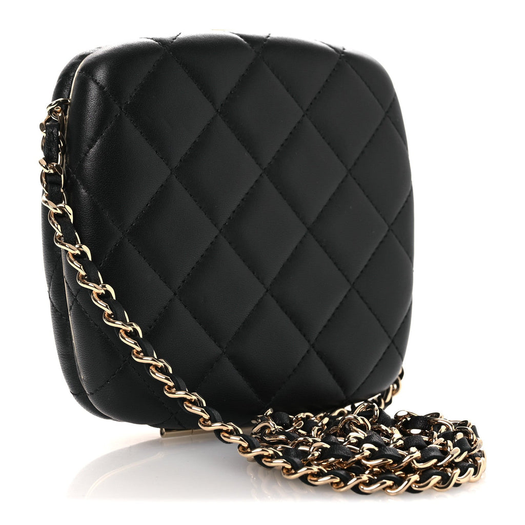 Chanel Lambskin Quilted Compact Vanity Case Purse With Chain Black