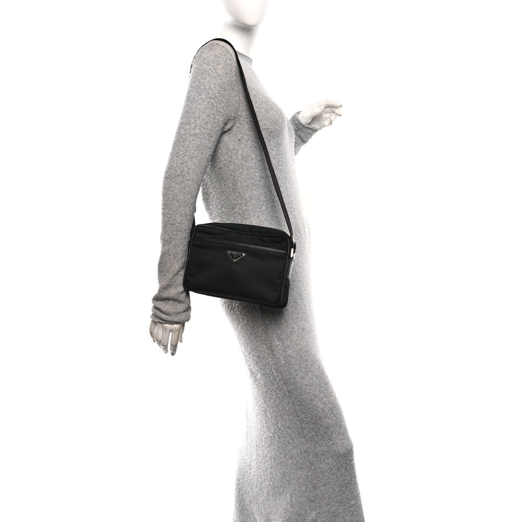Prada Re-Nylon Vela Saffiano Pocket Double Zip Shoulder Bag Black