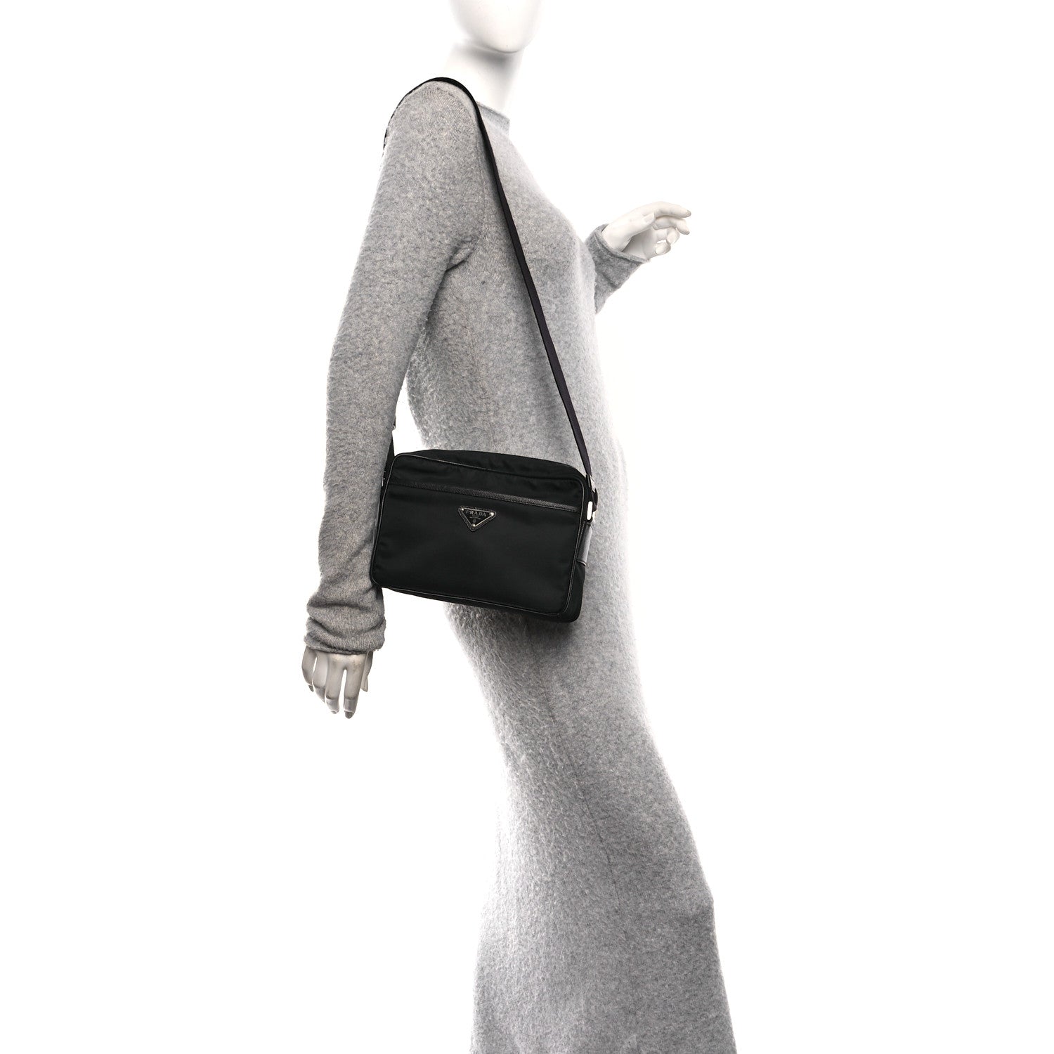 Prada Re-Nylon Vela Saffiano Pocket Double Zip Shoulder Bag Black