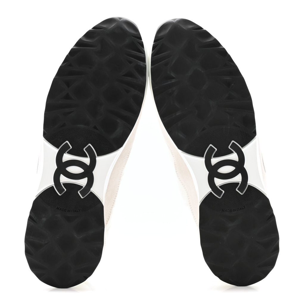 Chanel Suede Calfskin Quilted CC Sneakers 38.5 White Black