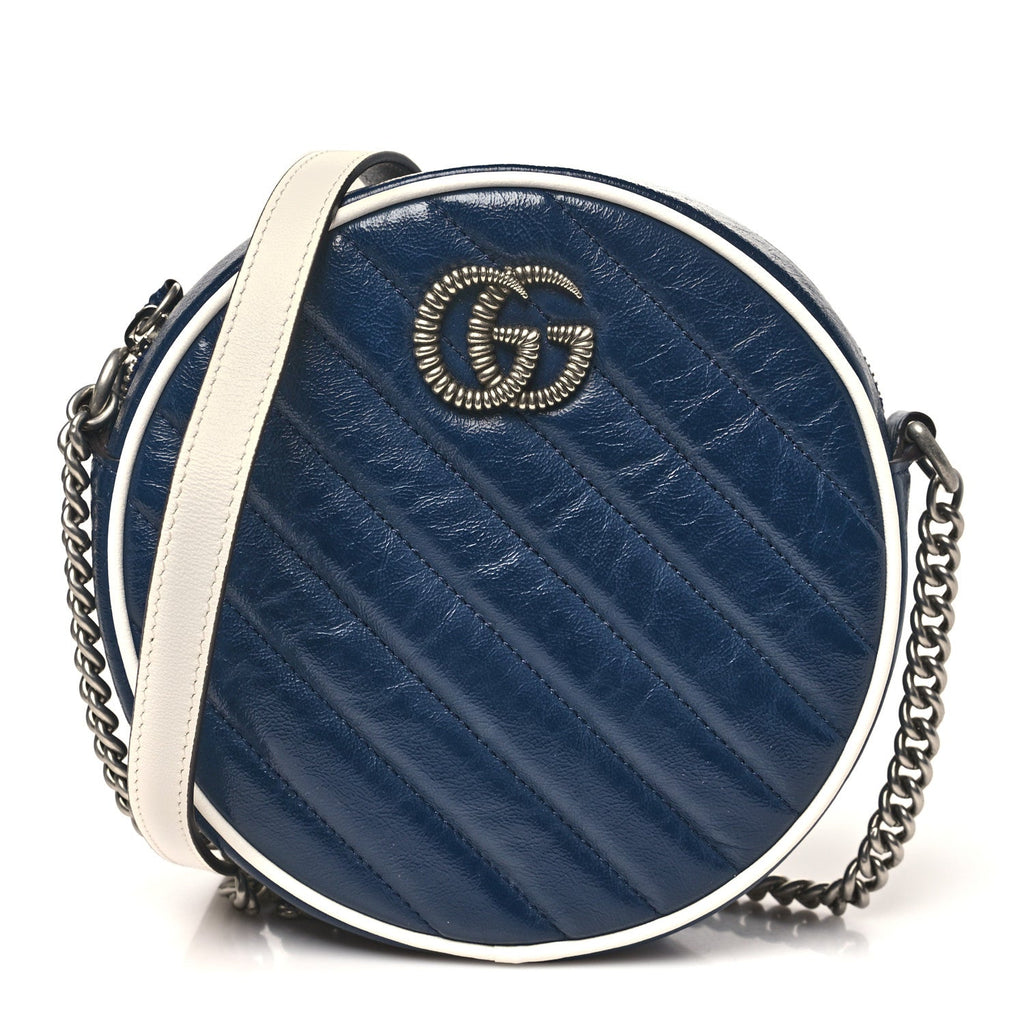 Gucci Azalea Calfskin Matelasse Diagonal Mini Torchon GG Marmont Round Shoulder Bag Blue Agata Mystic White