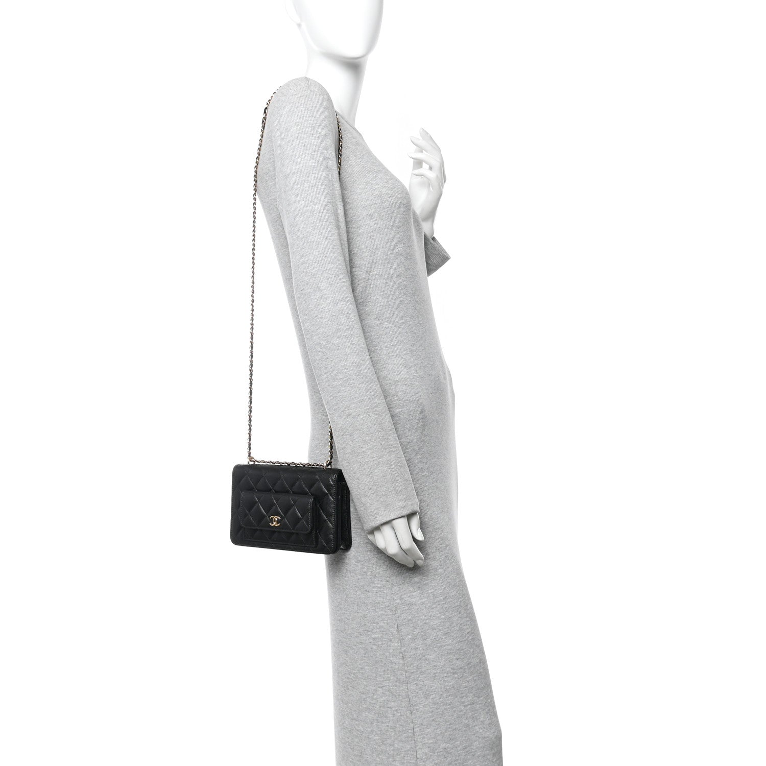 Chanel Caviar Quilted Pocket Clutch With Chain WOC Black