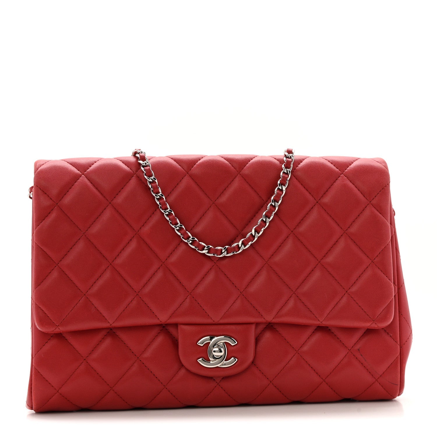 Chanel Lambskin Quilted Clutch With Chain Flap Red