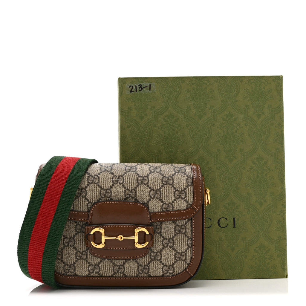 Gucci GG Supreme Monogram Web Mini Horsebit 1955 Shoulder Bag Beige Brown Sugar