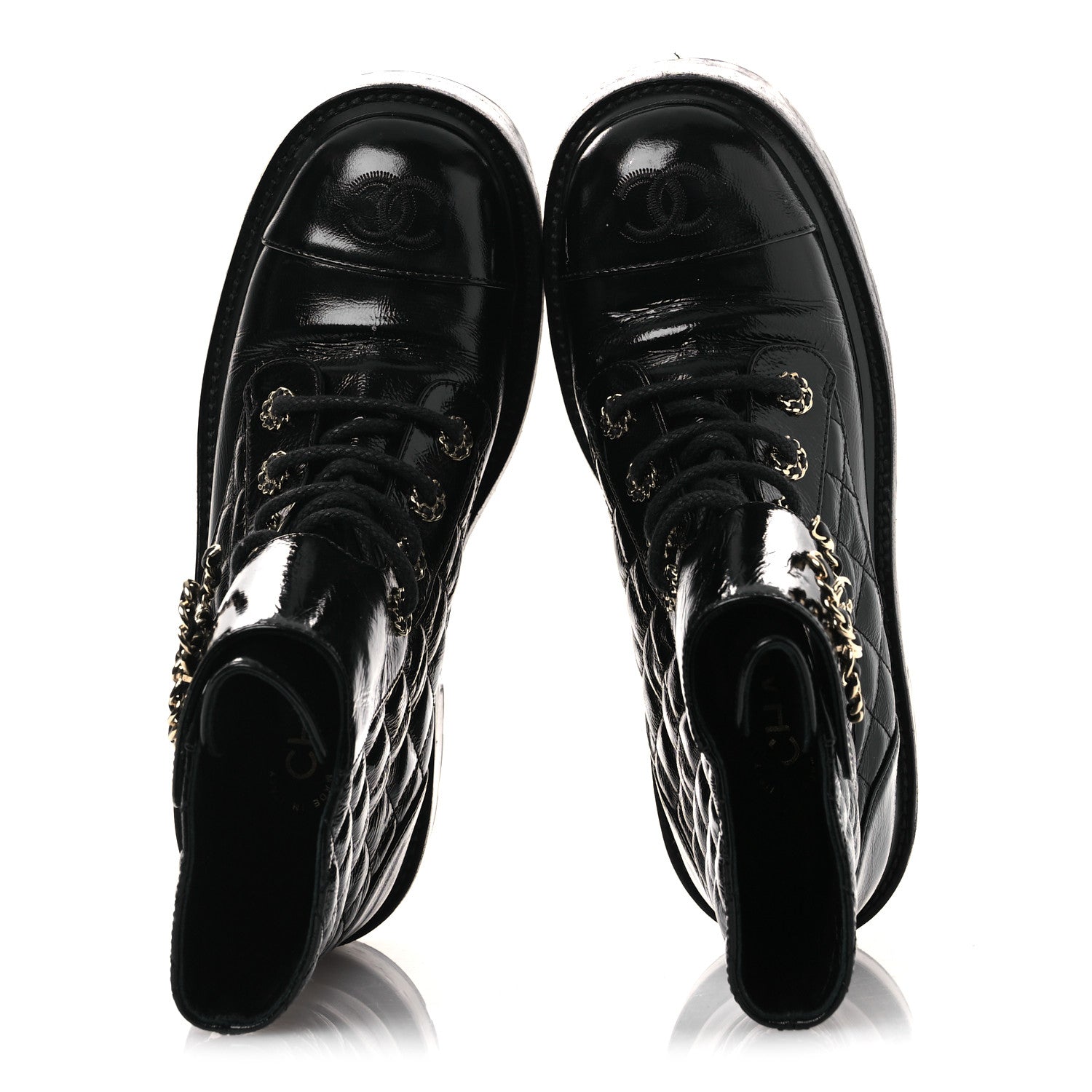 Chanel Shiny Calfskin Quilted Lace Up Combat Boots 37 Black