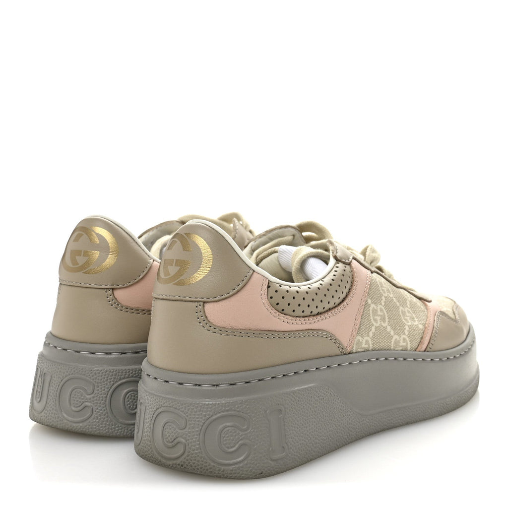 Gucci Calfskin GG Supreme Monogram Perforated Womens Platform 55mm Sneakers 37 Apricot Pink Beige Grey