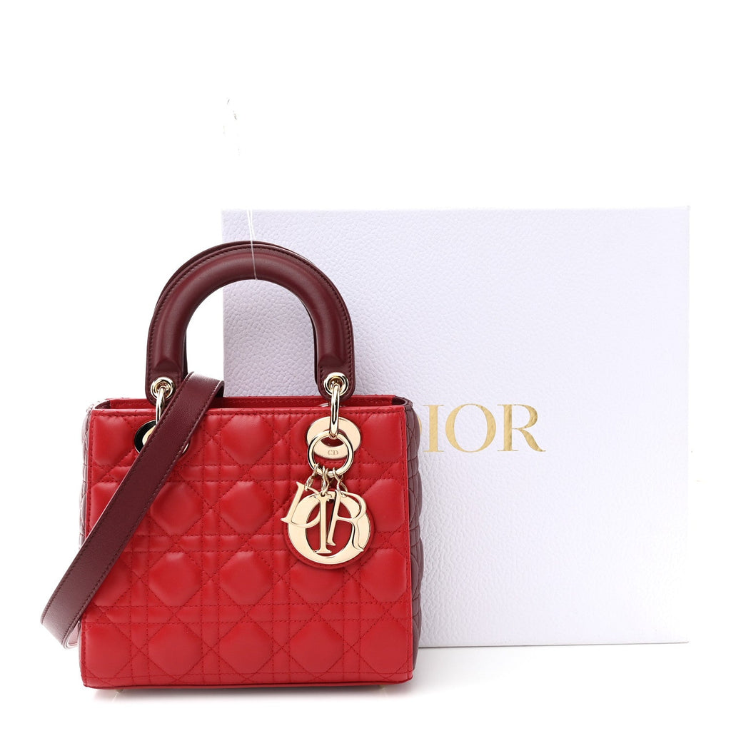 Christian Dior Lambskin Cannage Small Bi-Color Lady Dior Rouge Multicolor