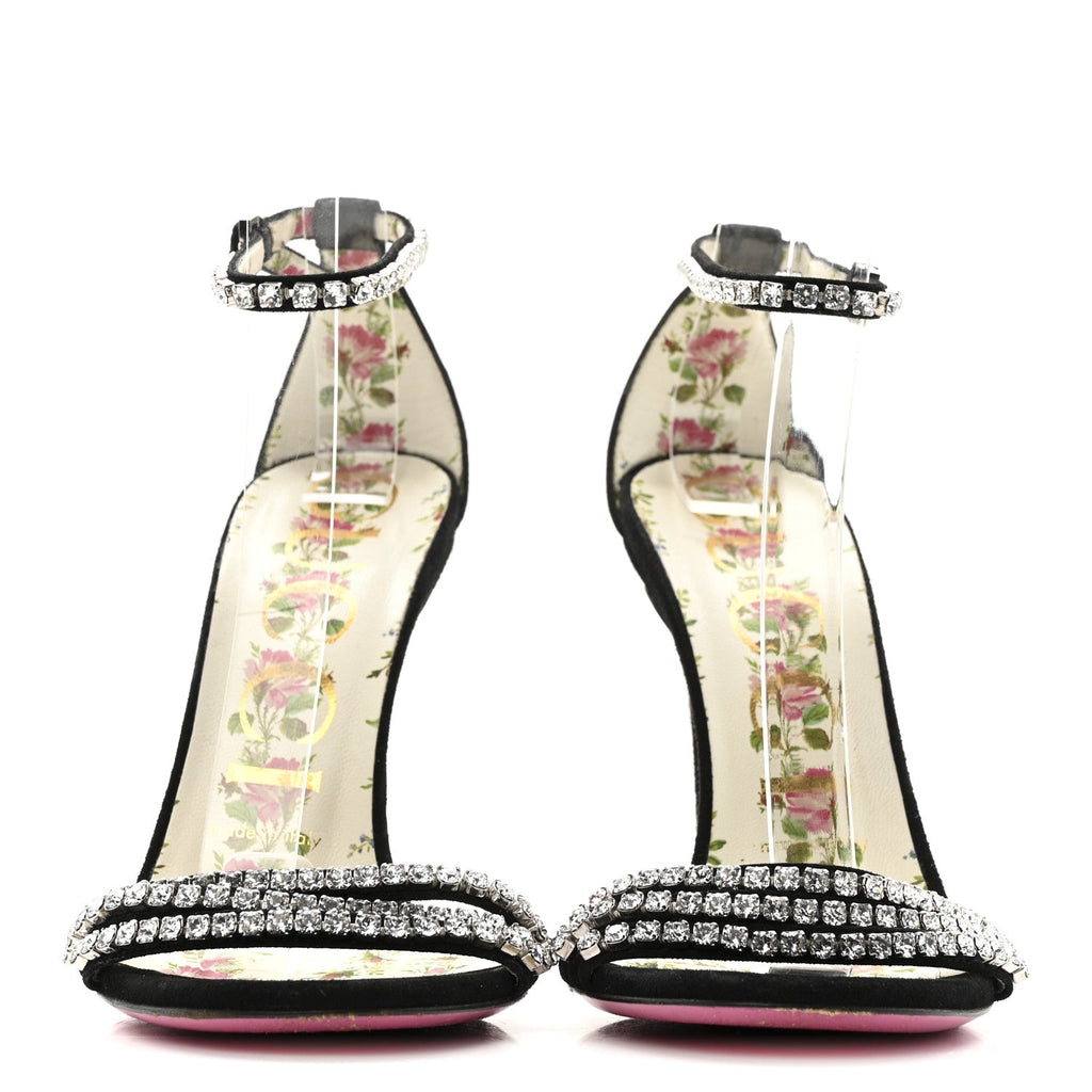 Gucci Kid Scamosciato Crystal Ankle Strap High Heel Sandals 36.5 Black