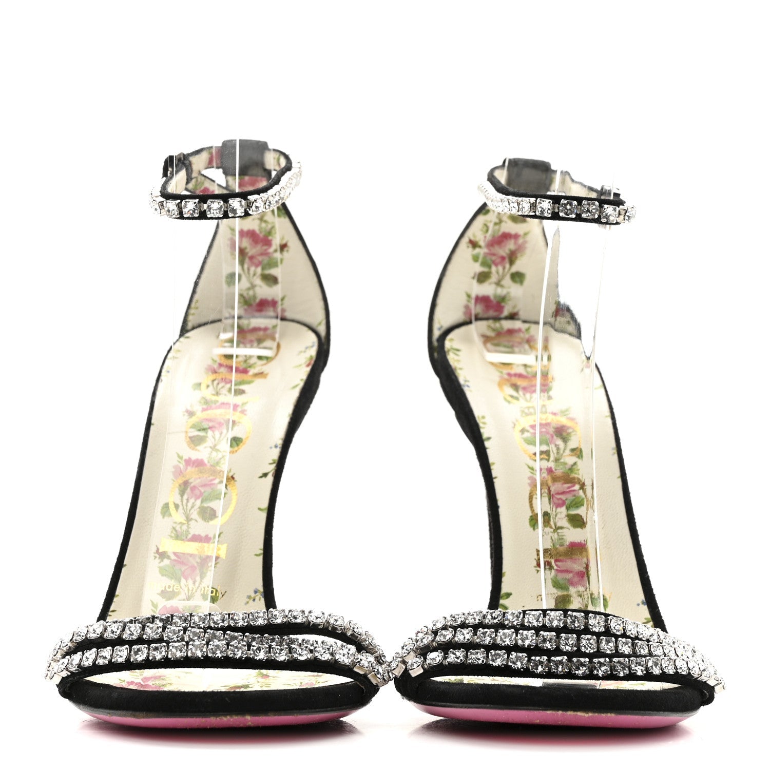 Gucci Kid Scamosciato Crystal Ankle Strap High Heel Sandals 36.5 Black