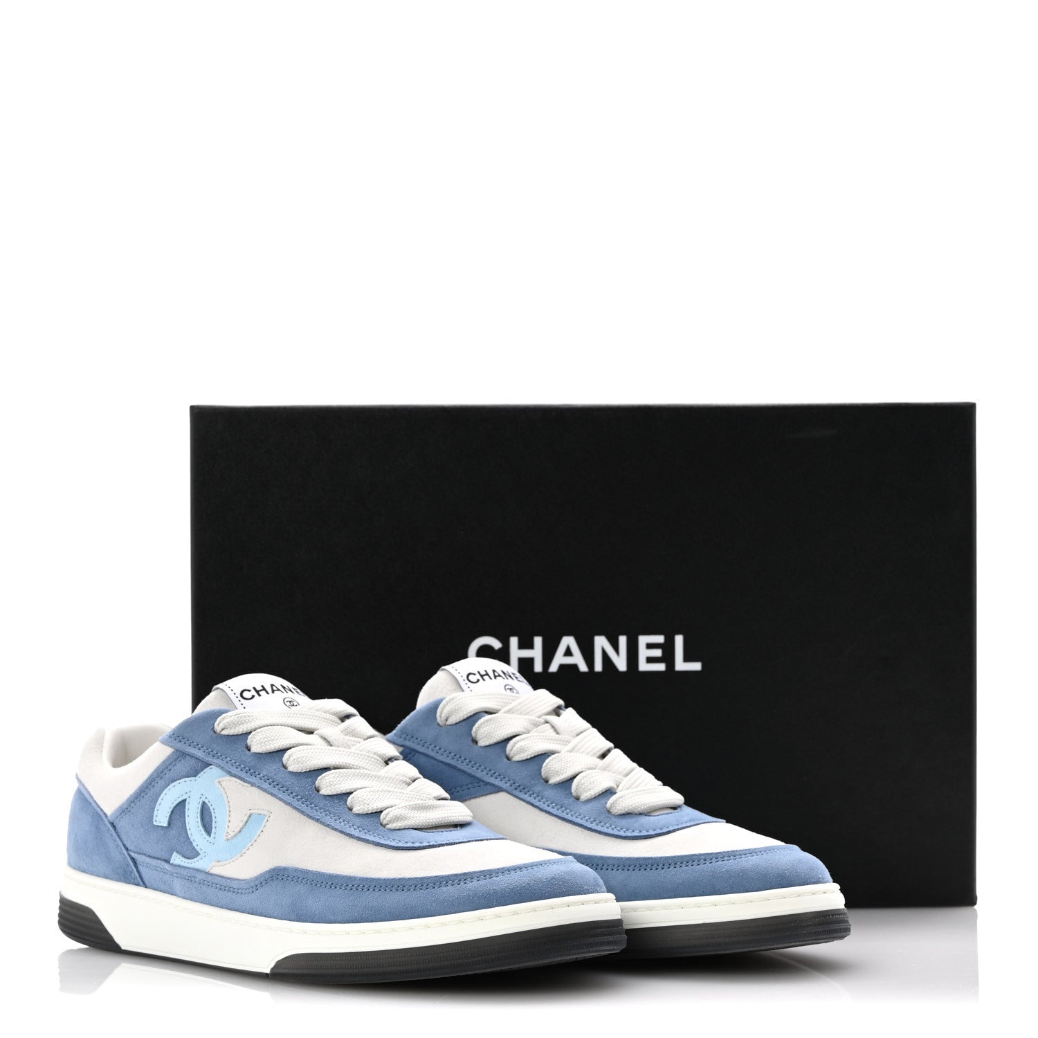 Chanel Suede Kidskin Womens CC Sneakers 39 White Blue