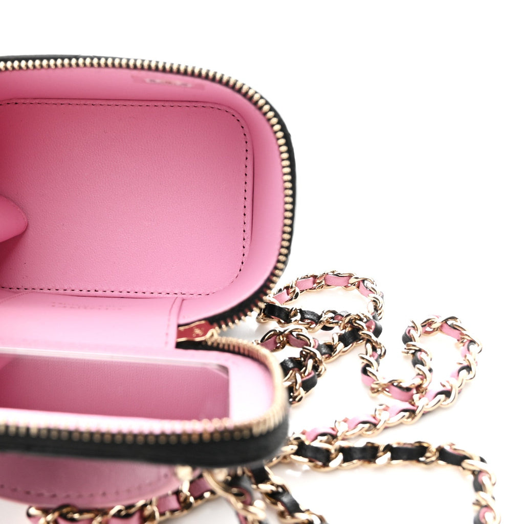 Chanel Lambskin Quilted Top Handle Mini Vanity Case With Chain Black Pink