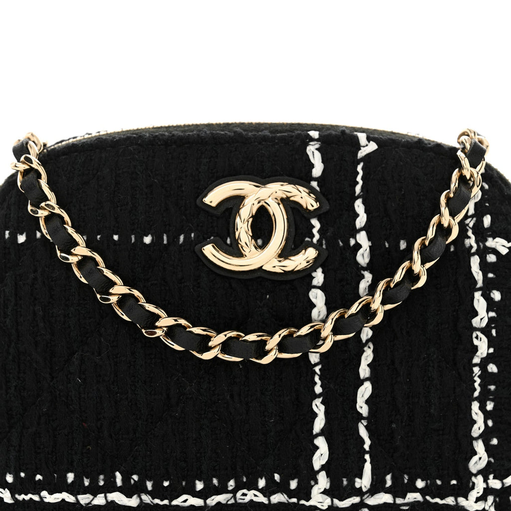 Chanel Tweed Quilted Mini Clutch With Chain Black White
