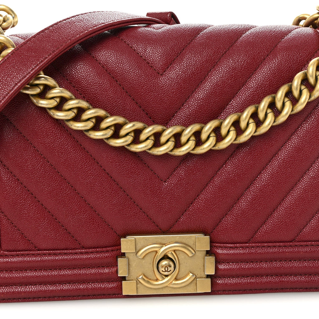 Chanel Caviar Chevron Quilted Medium Boy Flap Dark Red