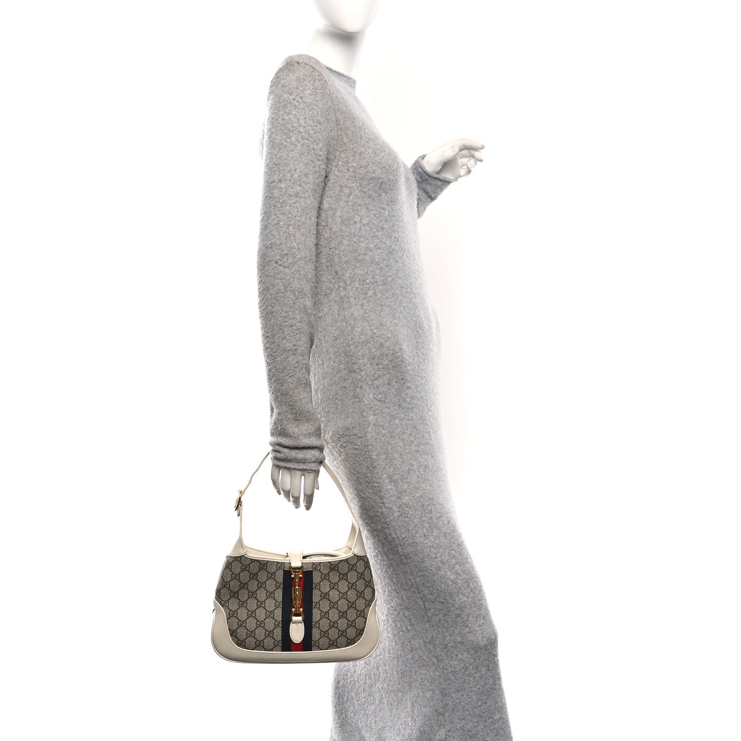 Gucci GG Supreme Monogram Azalea Calfskin Web Small Jackie 1961 Hobo Beige Ebony Mystic White