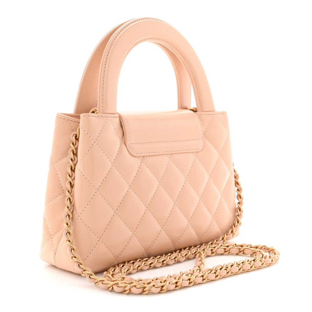 Chanel Shiny Aged Calfskin Quilted Nano Kelly Shopper Beige
