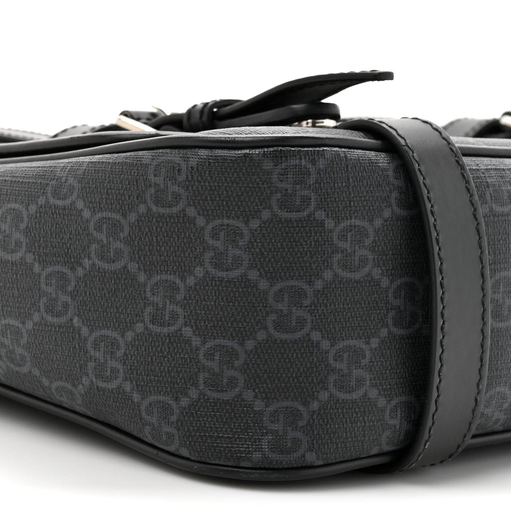 Gucci GG Supreme Monogram Textured Dollar Calfskin Retro Interlocking G Flap Messenger Bag Black