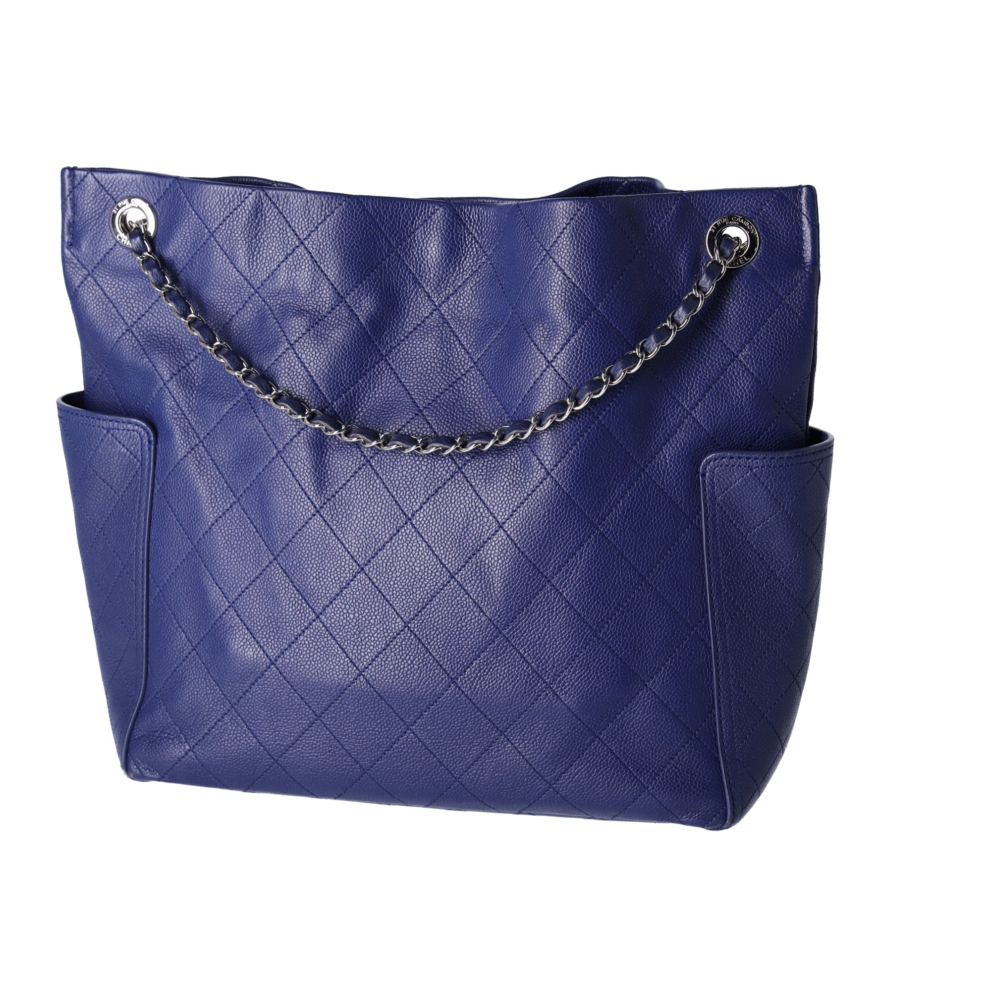 Chanel Grained Calfskin Stitched CC Pocket Tote Blue