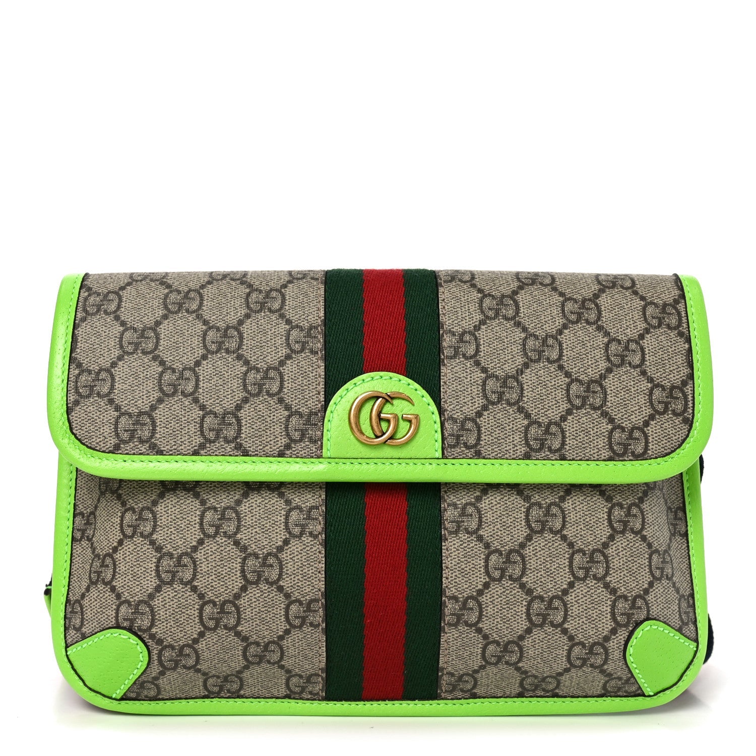 Gucci GG Supreme Monogram Web Small Ophidia Belt Bag Beige Ebony Electric Green