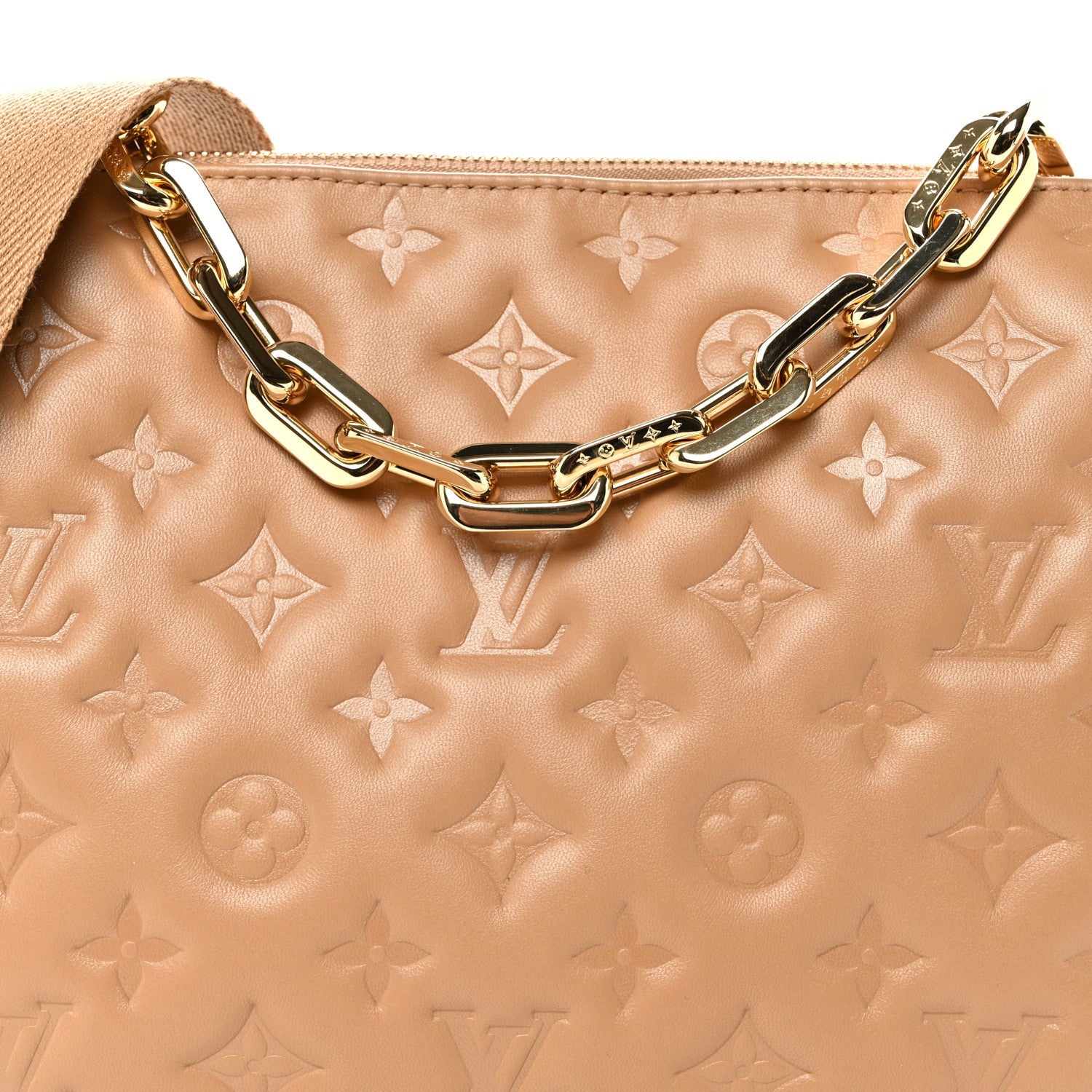 Louis Vuitton Lambskin Embossed Monogram Coussin PM Camel