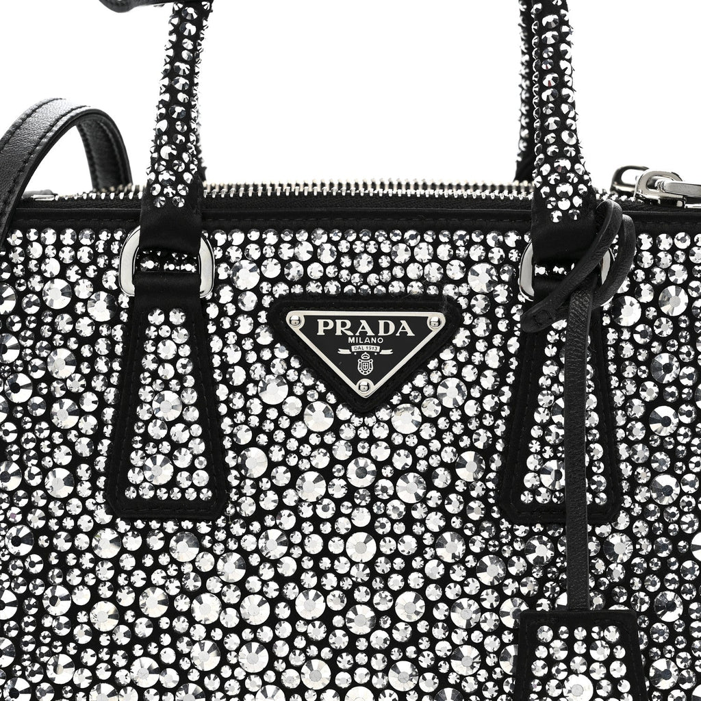 Prada Satin Crystal Mini Galleria Double Zip Tote Metal