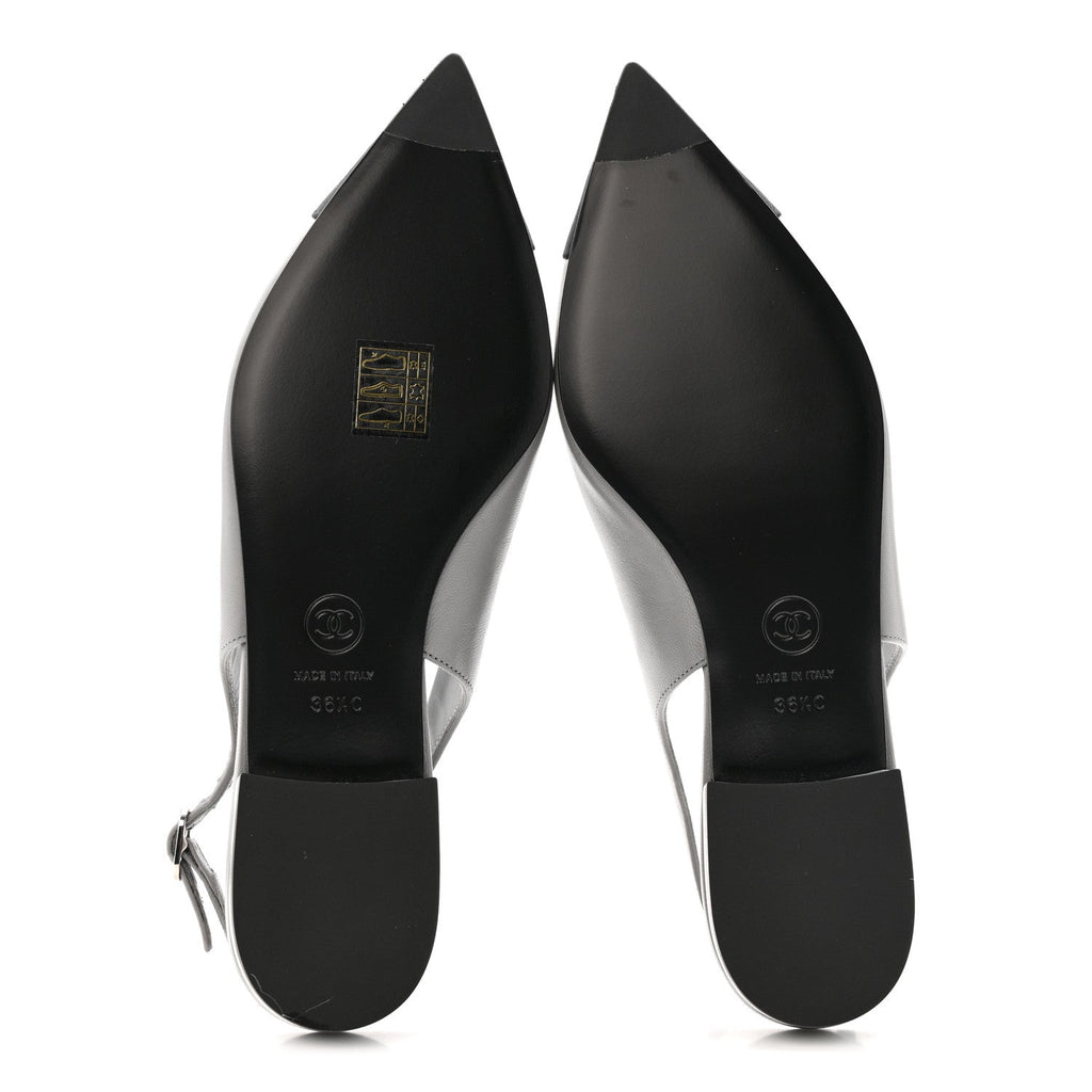 Goatskin Grosgrain Pointed Toe CC Slingback Flats 36.5 Gray Black