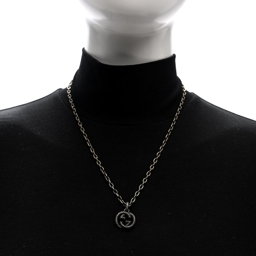 Gucci Sterling Silver Textured Interlocking G Pendant Necklace