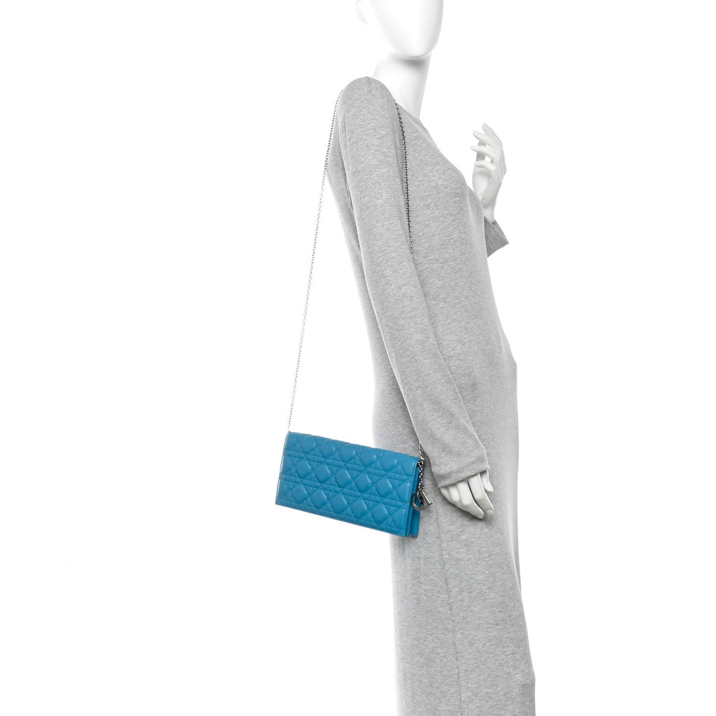 Christian Dior Lambskin Cannage Lady Dior Convertible Clutch Blue