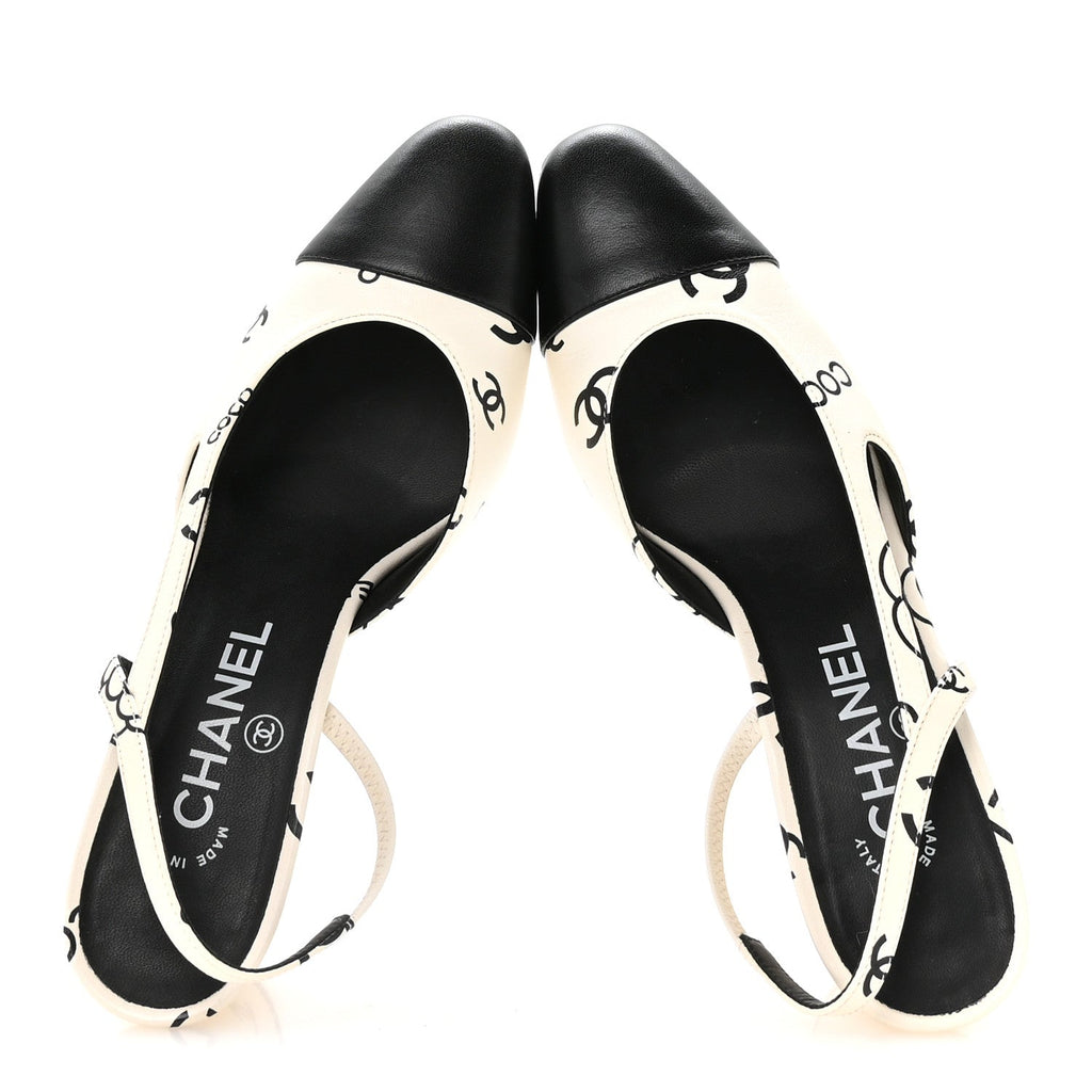 Printed Lambskin Cap Toe CC Slingback Pumps 37.5 Black White