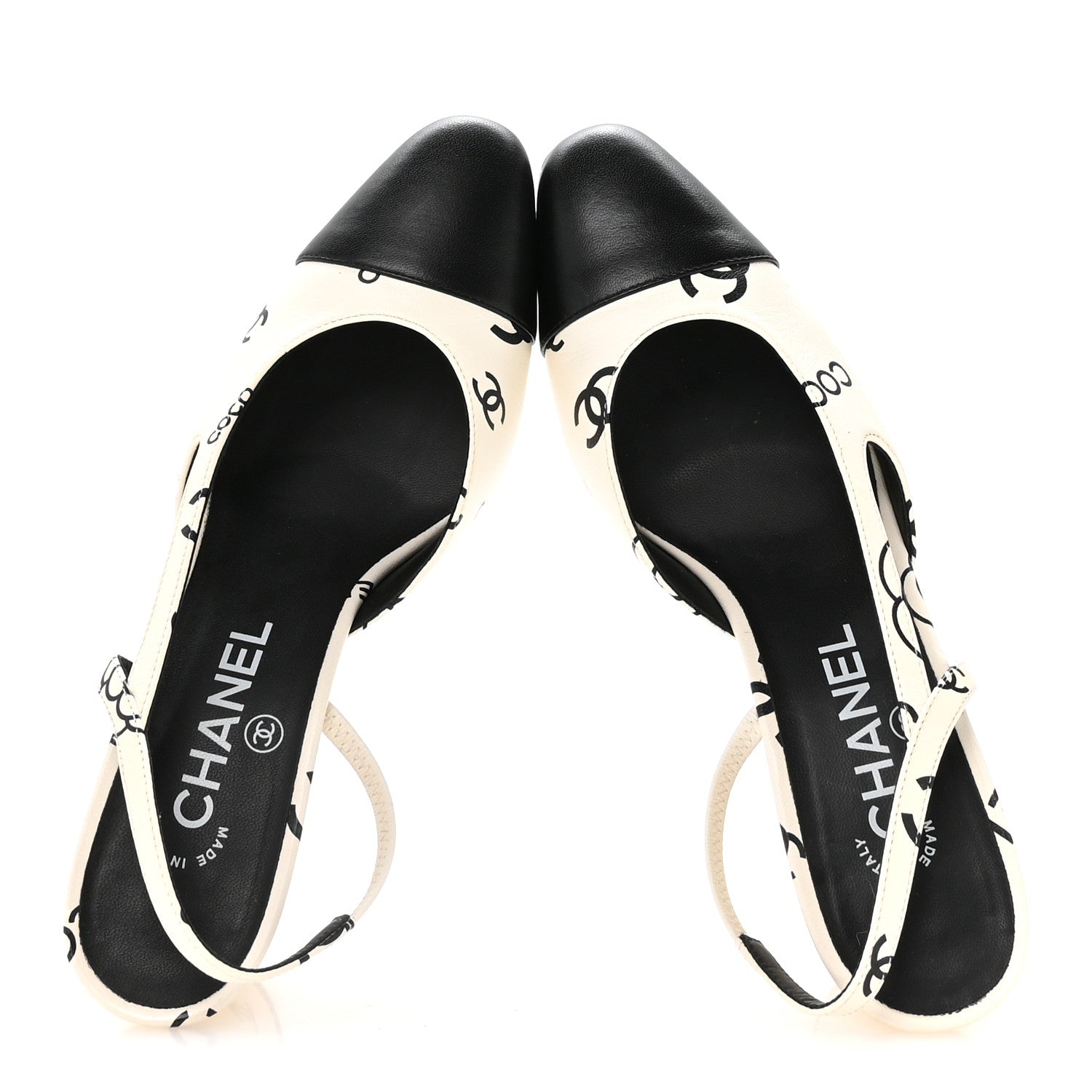 Printed Lambskin Cap Toe CC Slingback Pumps 37.5 Black White