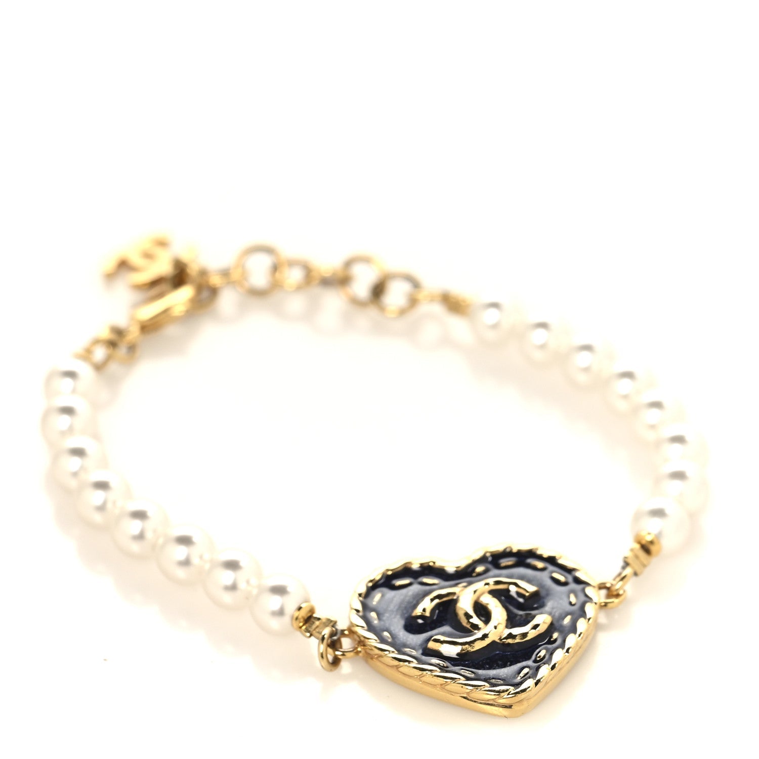 Metal Denim CC Heart Bracelet Gold Blue Pearly White