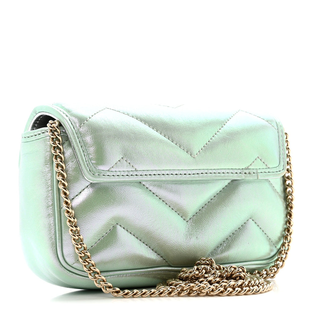 Gucci Iridescent Nappa Chevron Matelasse Super Mini GG Marmont Shoulder Bag Green Iridescent