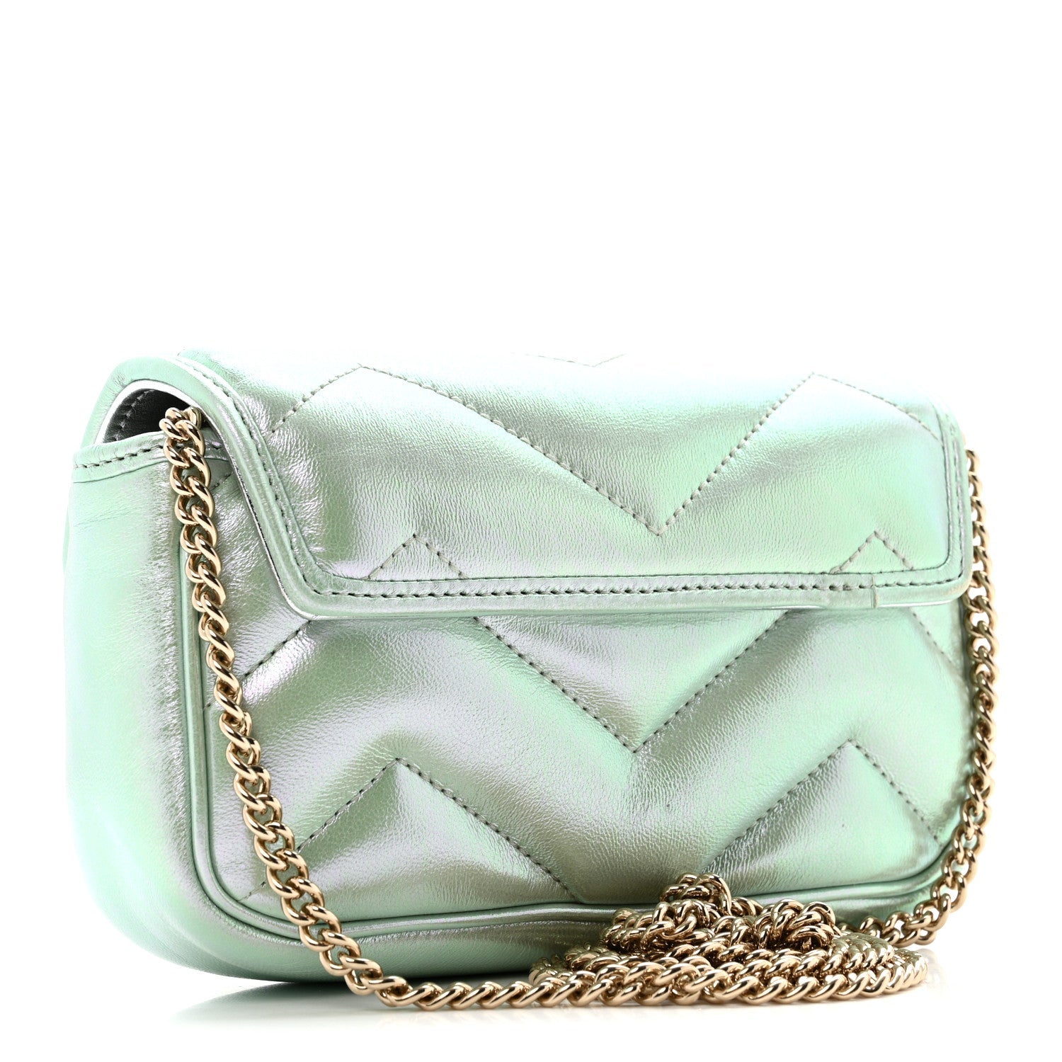 Gucci Iridescent Nappa Chevron Matelasse Super Mini GG Marmont Shoulder Bag Green Iridescent