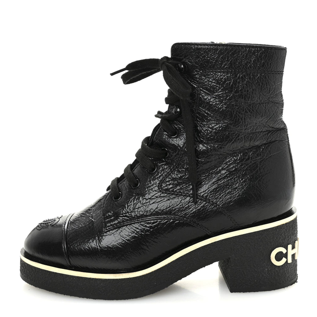Chanel Shiny Crumpled Lambskin Lace Up Combat Boots 37 Black