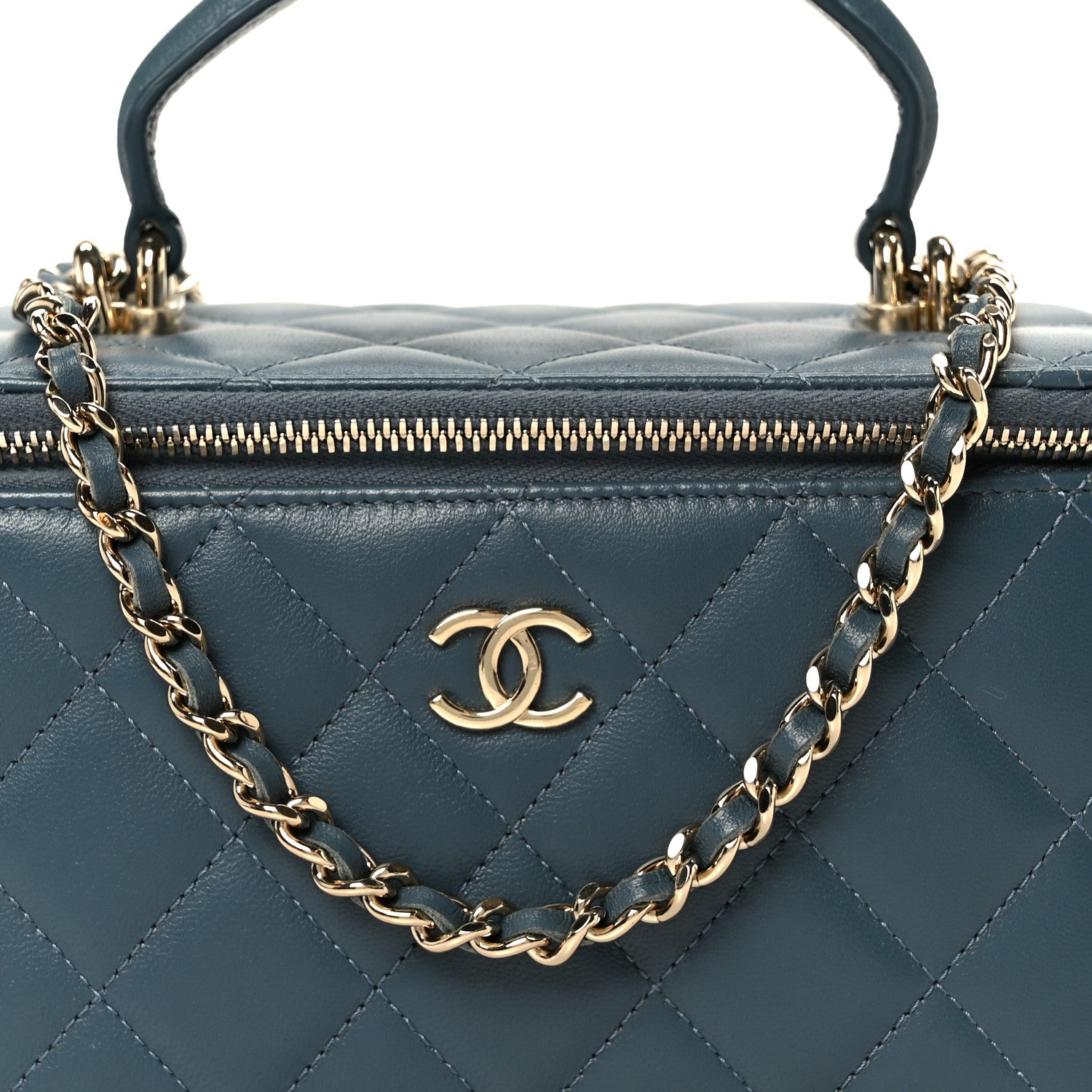 Chanel Lambskin Quilted Small Top Handle Vanity Case With Chain Blue