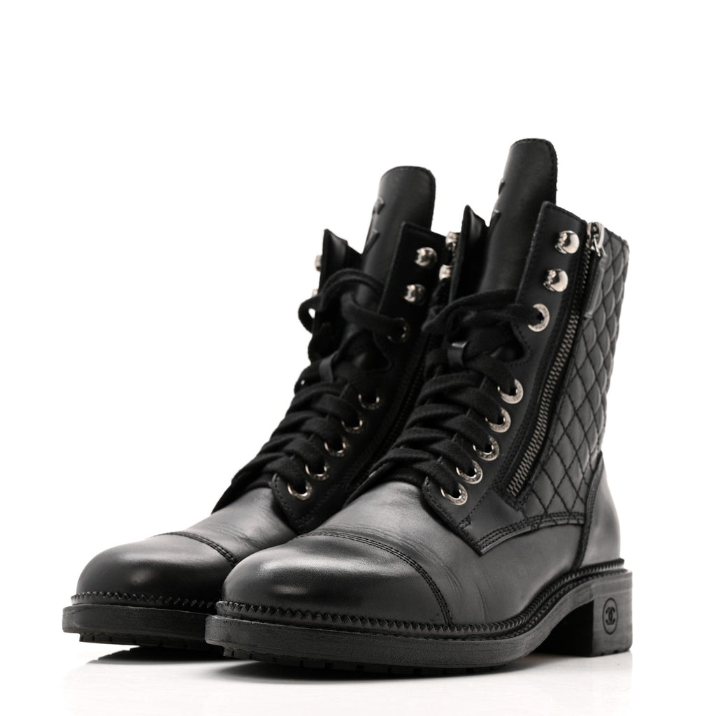 Calfskin Quilted Lace Up Combat Boots 36.5 Black