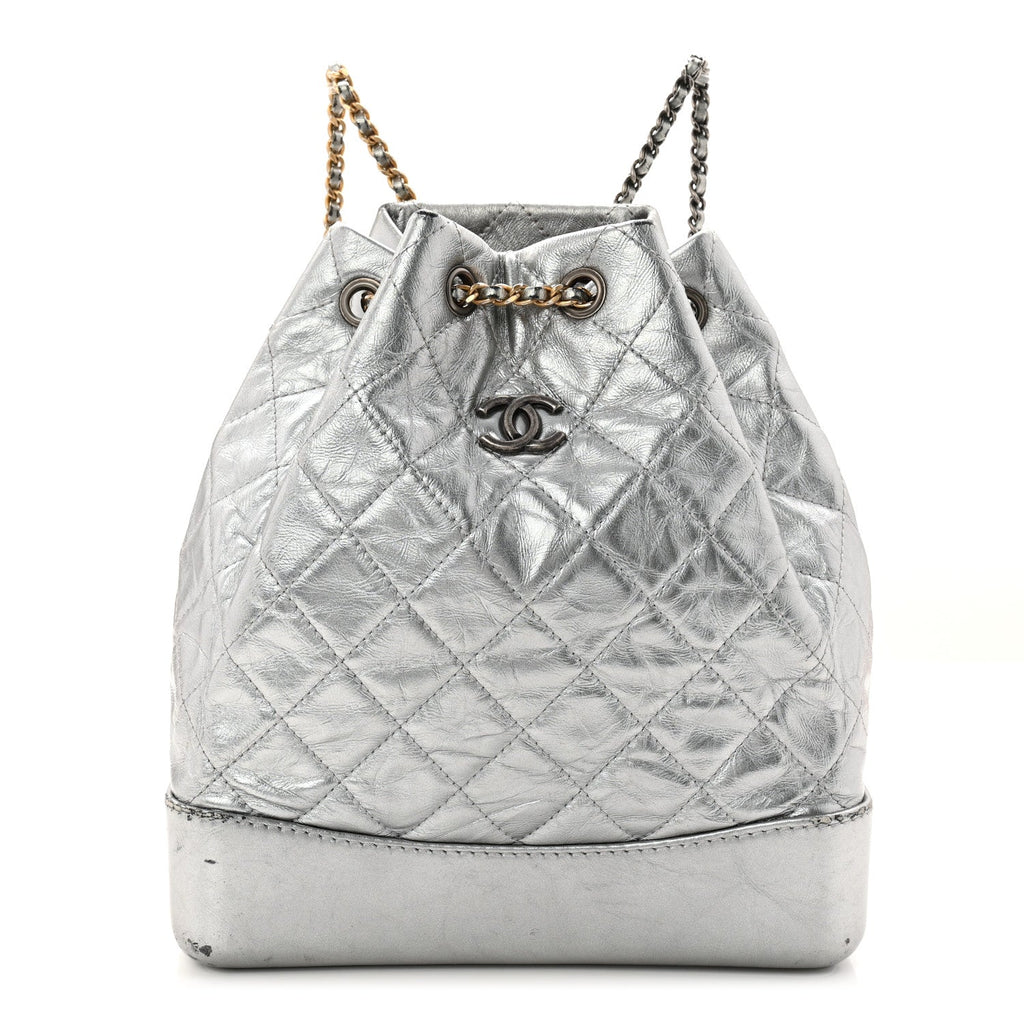 Chanel Metallic Crumpled Calfskin Quilted Small Gabrielle Backpack Silver