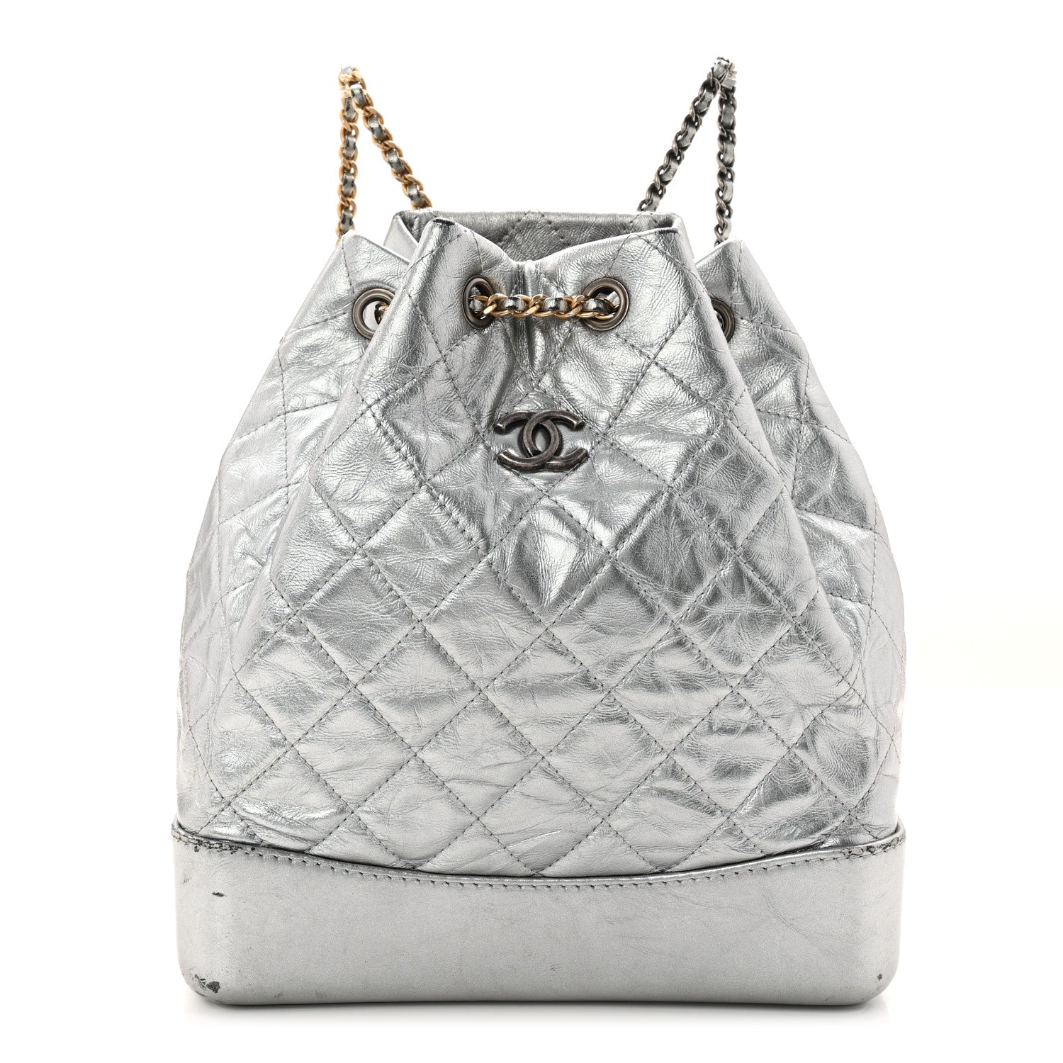 Chanel Metallic Crumpled Calfskin Quilted Small Gabrielle Backpack Silver